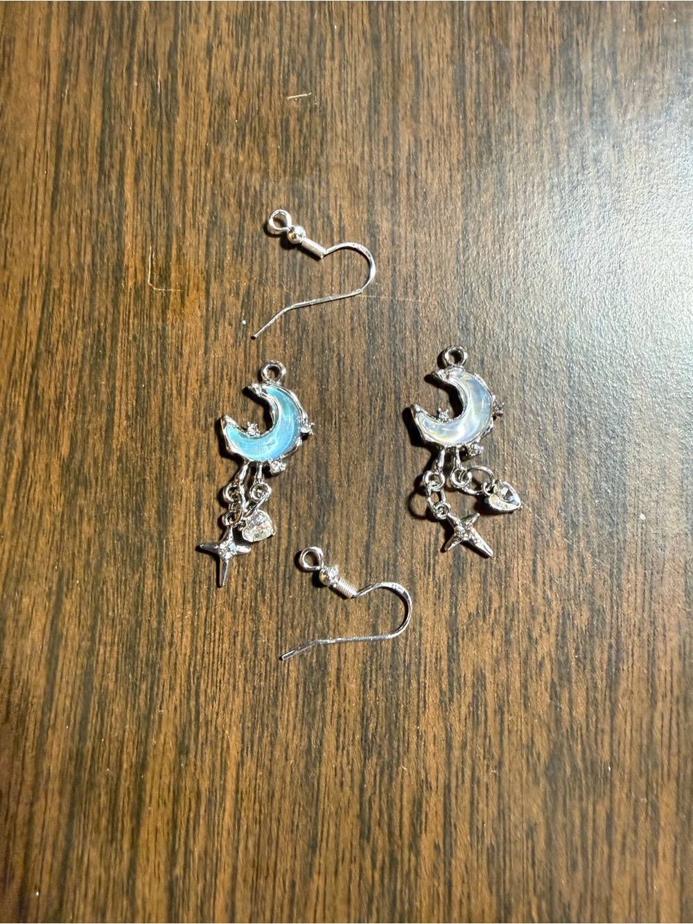 Silver Moon and Star Dangle Earrings with Light Blue Enamel